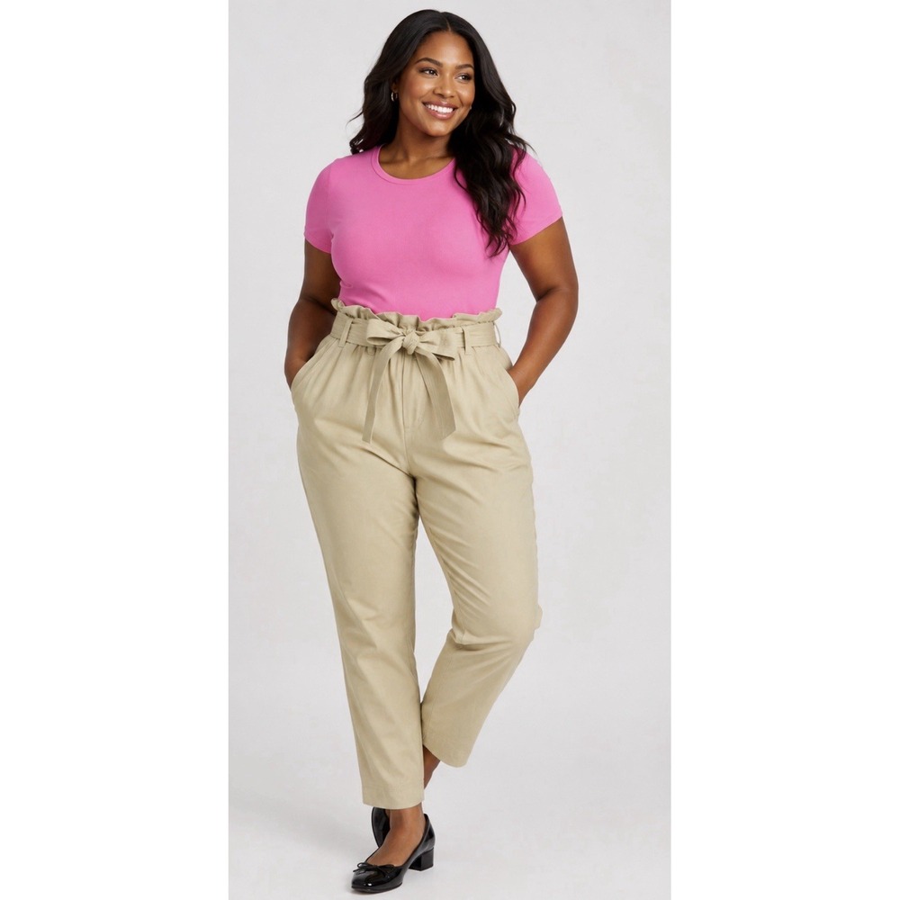 A New Day Beige Super High Rise & Tapered Leg Khaki Tie Belt Pants Medium 8/10